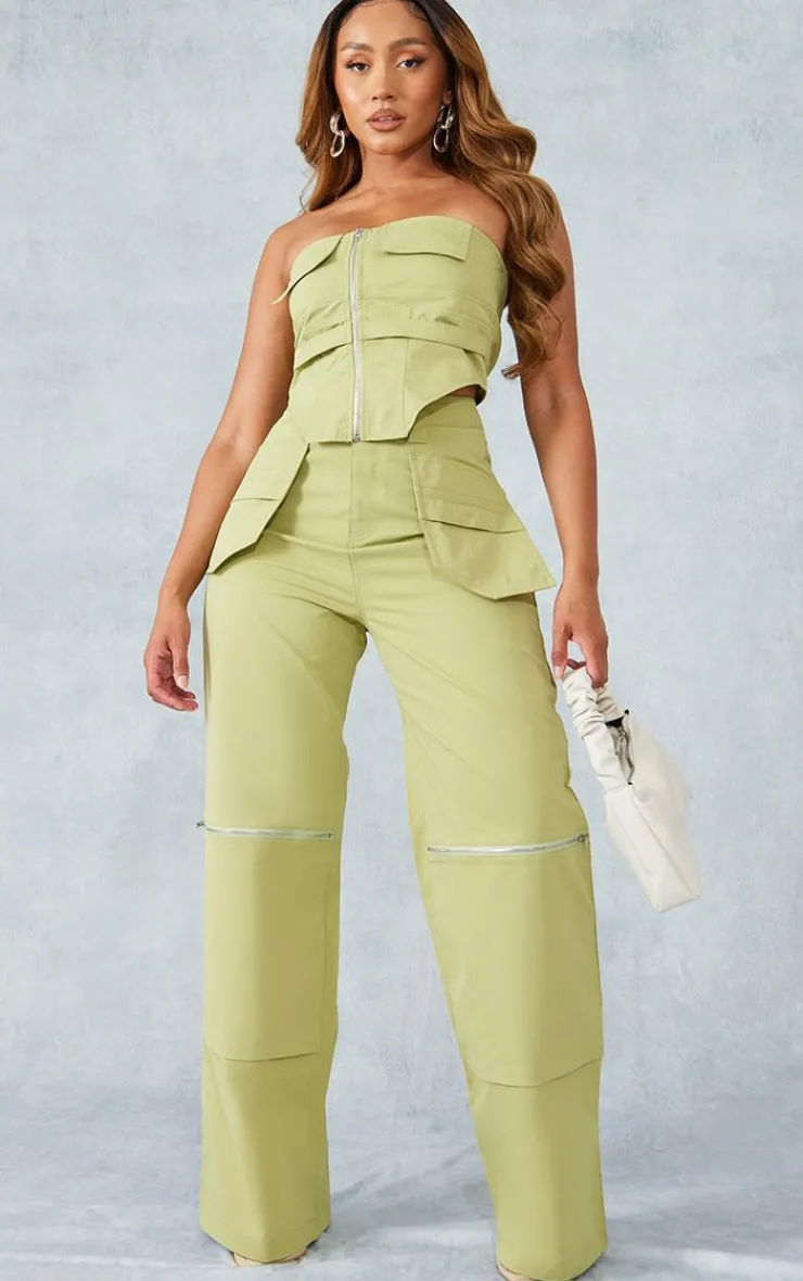 Discount PrettyLittleThing Shape Woven Zip Detail Pants Olive