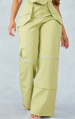 Discount PrettyLittleThing Shape Woven Zip Detail Pants Olive
