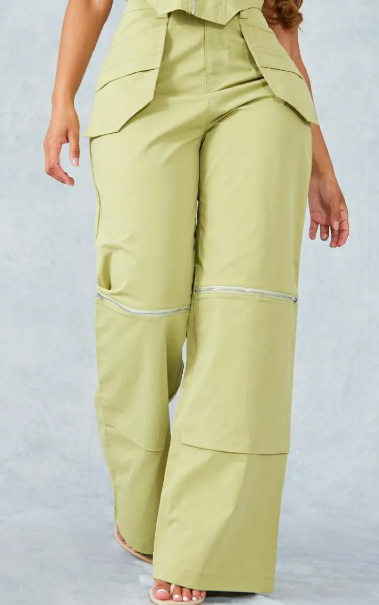 Discount PrettyLittleThing Shape Woven Zip Detail Pants Olive