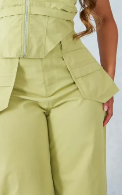 Discount PrettyLittleThing Shape Woven Zip Detail Pants Olive