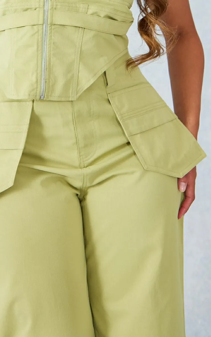 Discount PrettyLittleThing Shape Woven Zip Detail Pants Olive