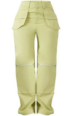 Discount PrettyLittleThing Shape Woven Zip Detail Pants Olive
