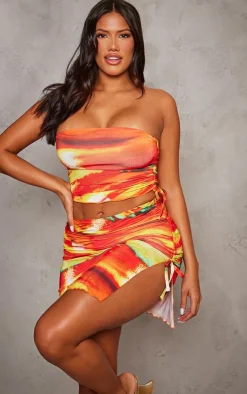 Outlet PrettyLittleThing Shape Abstract Printed Slinky Ruched Side Mini Skirt Orange