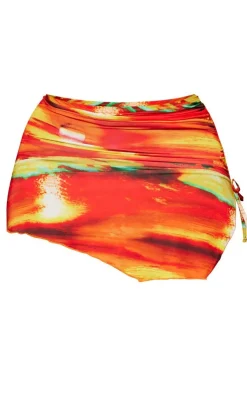 Outlet PrettyLittleThing Shape Abstract Printed Slinky Ruched Side Mini Skirt Orange