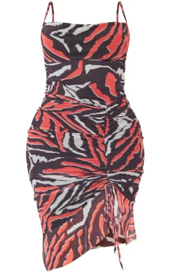 Shape Abstract Zebra Print Mesh Cowl Ruched Midi Dress-PrettyLittleThing Sale