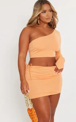 Online PrettyLittleThing Shape Contour Jersey Ruched Side Mini Skirt Orange