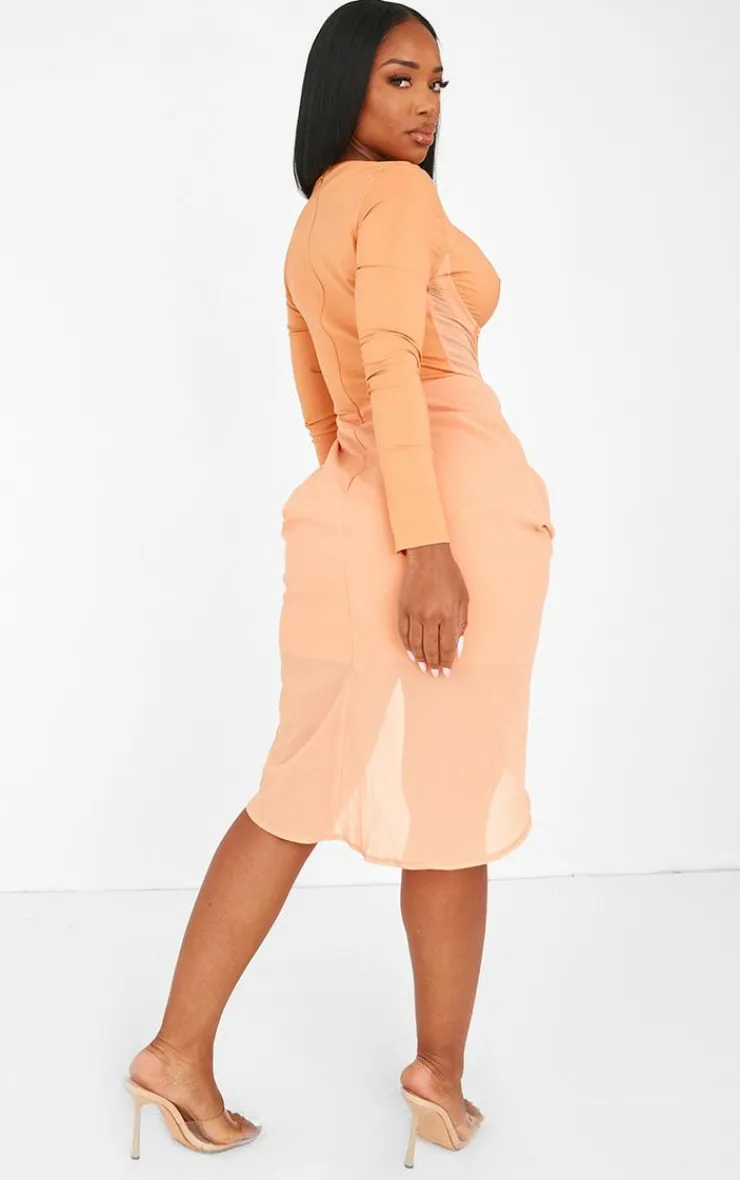 Shape Orange Corset Detail Long Sleeved Ruched Midi Dress-PrettyLittleThing Discount