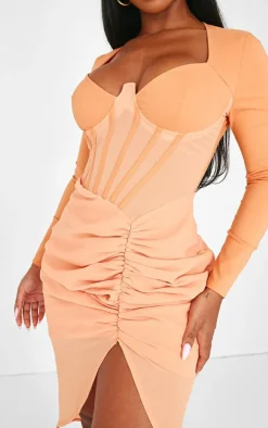 Shape Orange Corset Detail Long Sleeved Ruched Midi Dress-PrettyLittleThing Discount