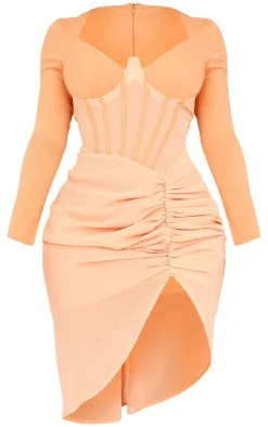 Shape Orange Corset Detail Long Sleeved Ruched Midi Dress-PrettyLittleThing Discount