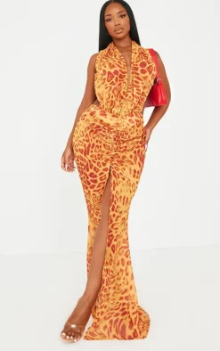 Shape Orange Leopard Printed Chiffon Drape Front Maxi Dress-PrettyLittleThing Online