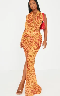 Shape Orange Leopard Printed Chiffon Drape Front Maxi Dress-PrettyLittleThing Online