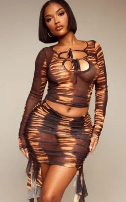 Sale PrettyLittleThing Shape Mesh Tiger Printed Cut Out Long Sleeve Top Orange
