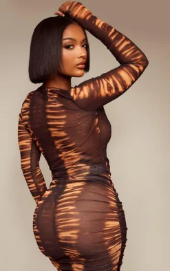 Sale PrettyLittleThing Shape Mesh Tiger Printed Cut Out Long Sleeve Top Orange