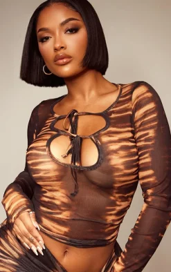 Sale PrettyLittleThing Shape Mesh Tiger Printed Cut Out Long Sleeve Top Orange