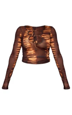 Sale PrettyLittleThing Shape Mesh Tiger Printed Cut Out Long Sleeve Top Orange