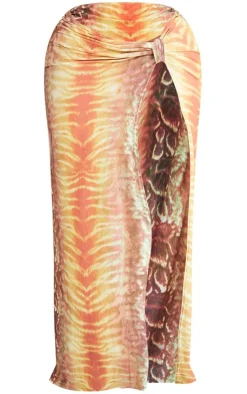 Online PrettyLittleThing Shape Printed Knot Side Maxi Skirt Orange