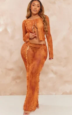 Hot PrettyLittleThing Shape Printed Mesh Ruffle Detail Maxi Skirt Orange