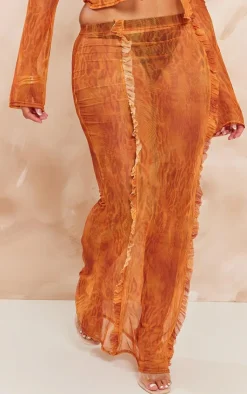 Hot PrettyLittleThing Shape Printed Mesh Ruffle Detail Maxi Skirt Orange