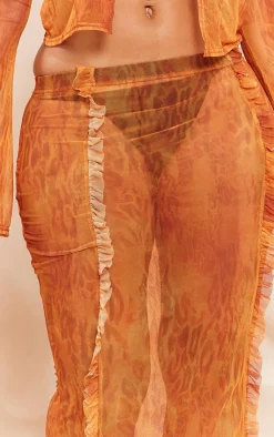 Hot PrettyLittleThing Shape Printed Mesh Ruffle Detail Maxi Skirt Orange