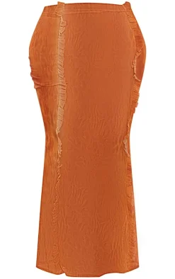Hot PrettyLittleThing Shape Printed Mesh Ruffle Detail Maxi Skirt Orange