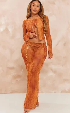 New PrettyLittleThing Shape Printed Mesh Tie Front Frill Edge Top Orange
