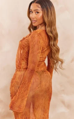 New PrettyLittleThing Shape Printed Mesh Tie Front Frill Edge Top Orange