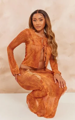 New PrettyLittleThing Shape Printed Mesh Tie Front Frill Edge Top Orange
