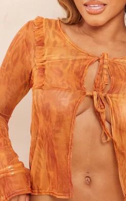New PrettyLittleThing Shape Printed Mesh Tie Front Frill Edge Top Orange