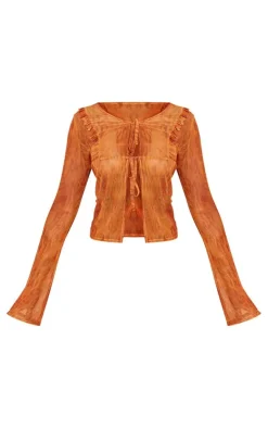 New PrettyLittleThing Shape Printed Mesh Tie Front Frill Edge Top Orange