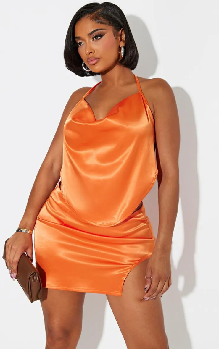 Clearance PrettyLittleThing Shape Orange Satin Asymmetric Mini Skirt Bright Orange