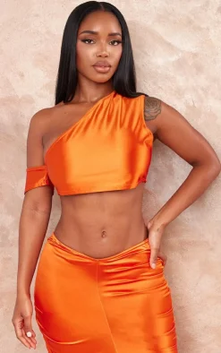 Clearance PrettyLittleThing Shape Orange Satin One Shoulder Crop Top Bright Orange