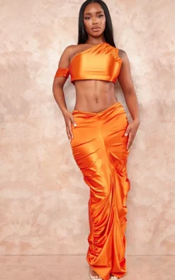 Clearance PrettyLittleThing Shape Orange Satin One Shoulder Crop Top Bright Orange