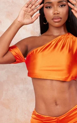 Clearance PrettyLittleThing Shape Orange Satin One Shoulder Crop Top Bright Orange