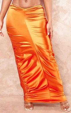 PrettyLittleThing Shape Orange Satin Ruched Side Maxi Skirt Bright Orange