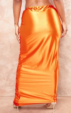 PrettyLittleThing Shape Orange Satin Ruched Side Maxi Skirt Bright Orange
