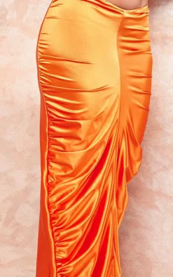 PrettyLittleThing Shape Orange Satin Ruched Side Maxi Skirt Bright Orange