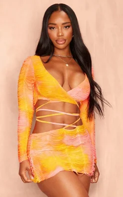 Discount PrettyLittleThing Shape Shredded Seamless Mini Skirt Orange