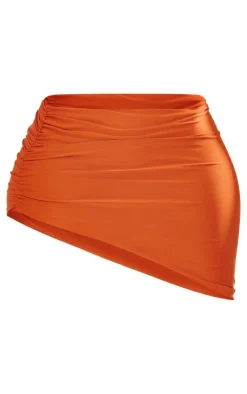 Hot PrettyLittleThing Shape Slinky Ruched Asymmetric Side Mini Skirt Orange