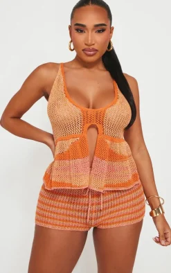 New PrettyLittleThing Shape Stripe Knit Halterneck Tie Front Top Orange