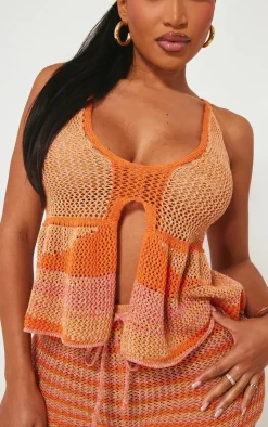 New PrettyLittleThing Shape Stripe Knit Halterneck Tie Front Top Orange