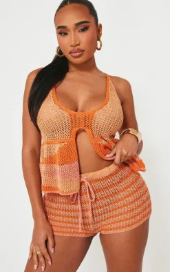 Best PrettyLittleThing Shape Orange Stripe Knit Hot Pants Bright Orange
