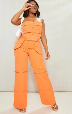 Discount PrettyLittleThing Shape Woven Zip Detail Pants Orange