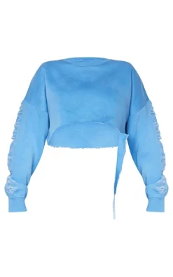 Shape Petrol Blue Extreme Cropped Distressed Sweatshirt