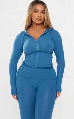 Hot PrettyLittleThing Shape Sculpted Zip Through Hoodie Petrol Blue