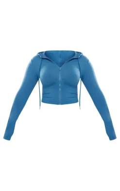 Hot PrettyLittleThing Shape Sculpted Zip Through Hoodie Petrol Blue