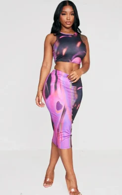 Sale PrettyLittleThing Shape Abstract Print Slinky Low Rise Midi Skirt Pink