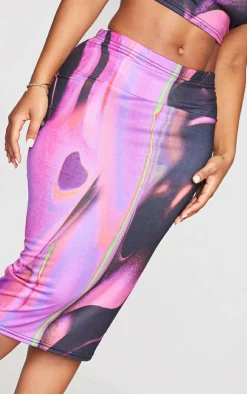 Sale PrettyLittleThing Shape Abstract Print Slinky Low Rise Midi Skirt Pink