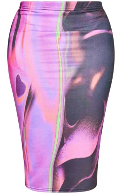 Sale PrettyLittleThing Shape Abstract Print Slinky Low Rise Midi Skirt Pink