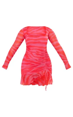 Shape Animal Print Mesh Long Sleeve Ruched Side Frill Hem Bodycon Dress-PrettyLittleThing New