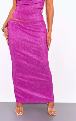 Clearance PrettyLittleThing Shape Glitter Plisse Low Rise Maxi Skirt Pink